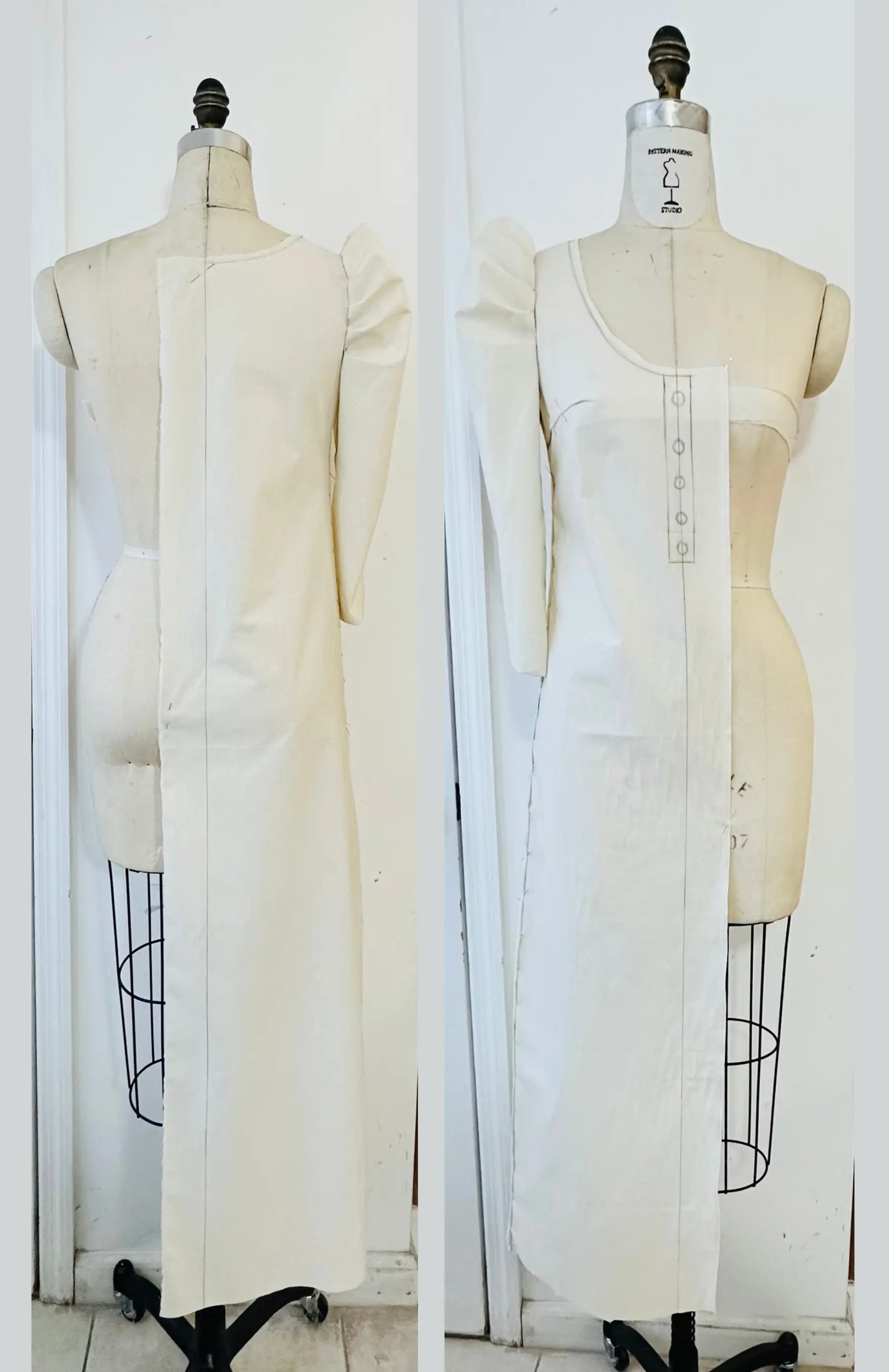 Dress form showing maternity dress muslin of the Reese dress