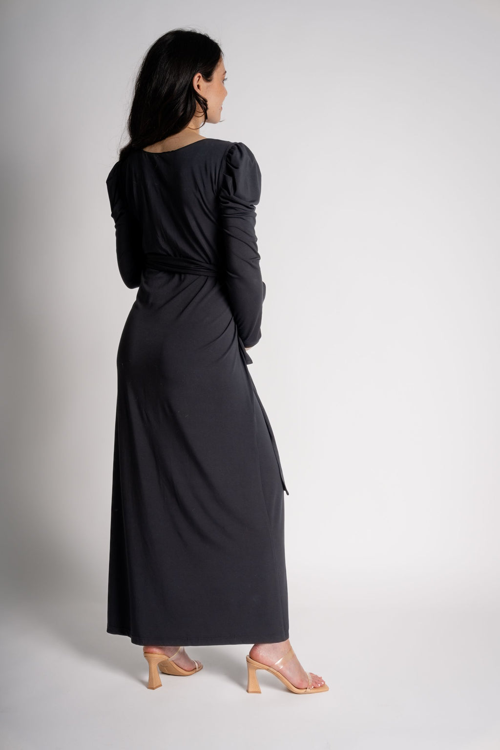 black maternity dress maxi style back view with detachable bow 
