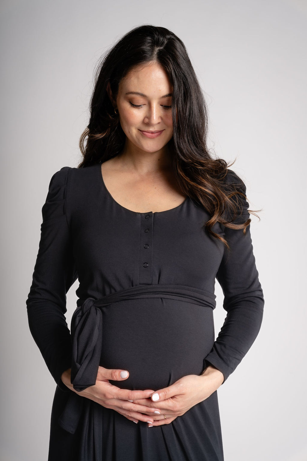 black  maternity dress maxi style  puffed shoulder detail 