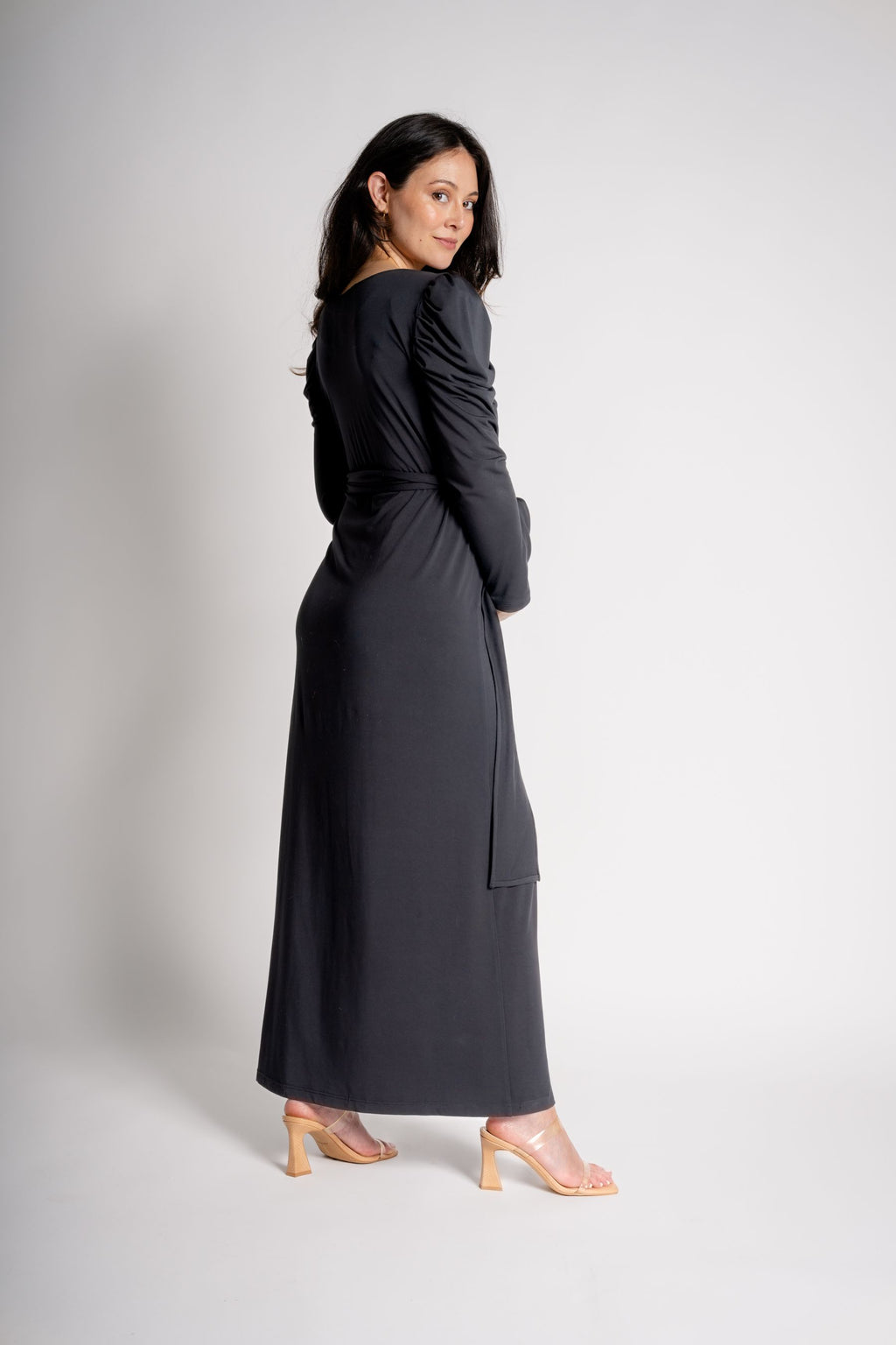 black maternity dress maxi style side view with detachable bows 