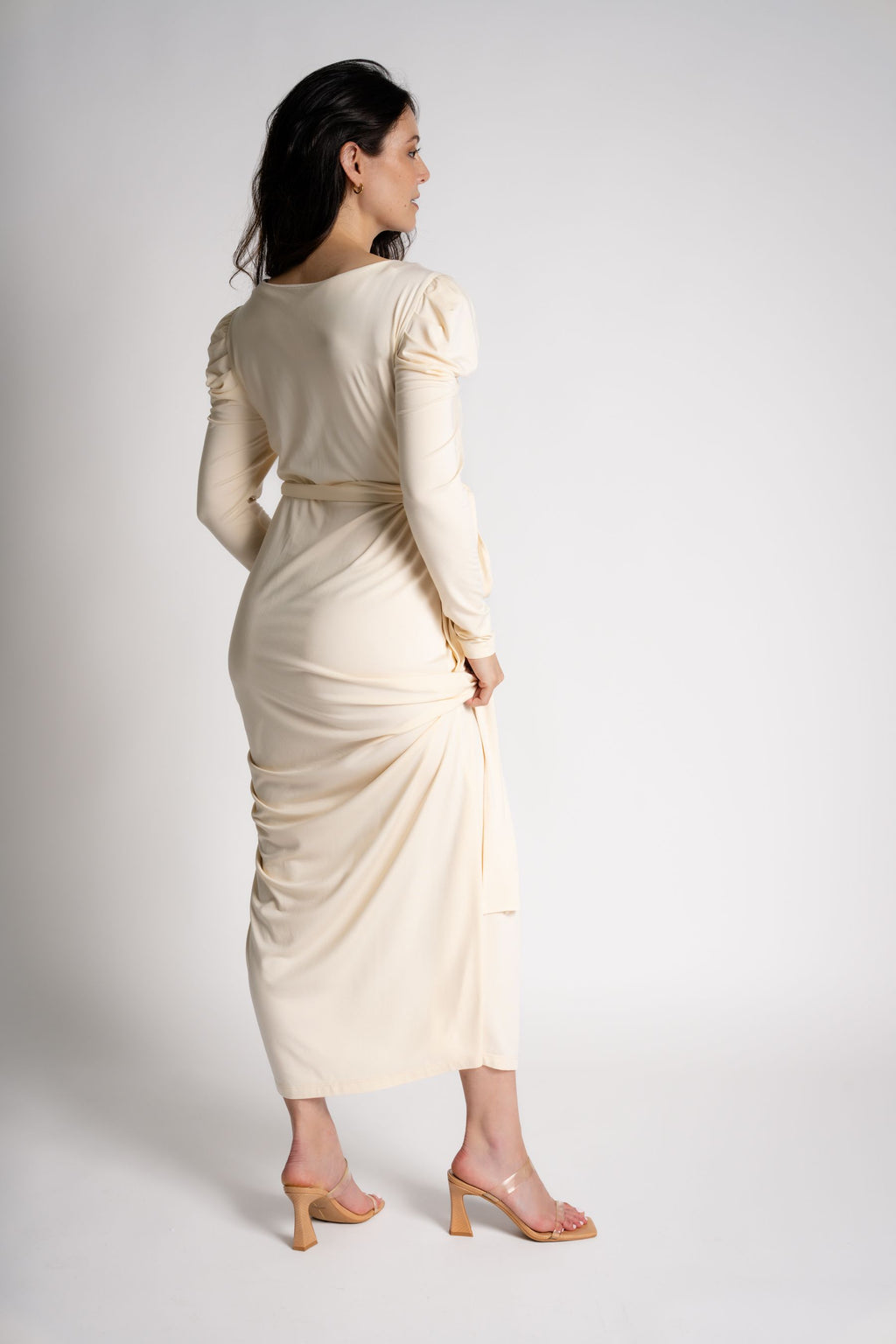 off-white maternity dress maxi style back view with detachable bow