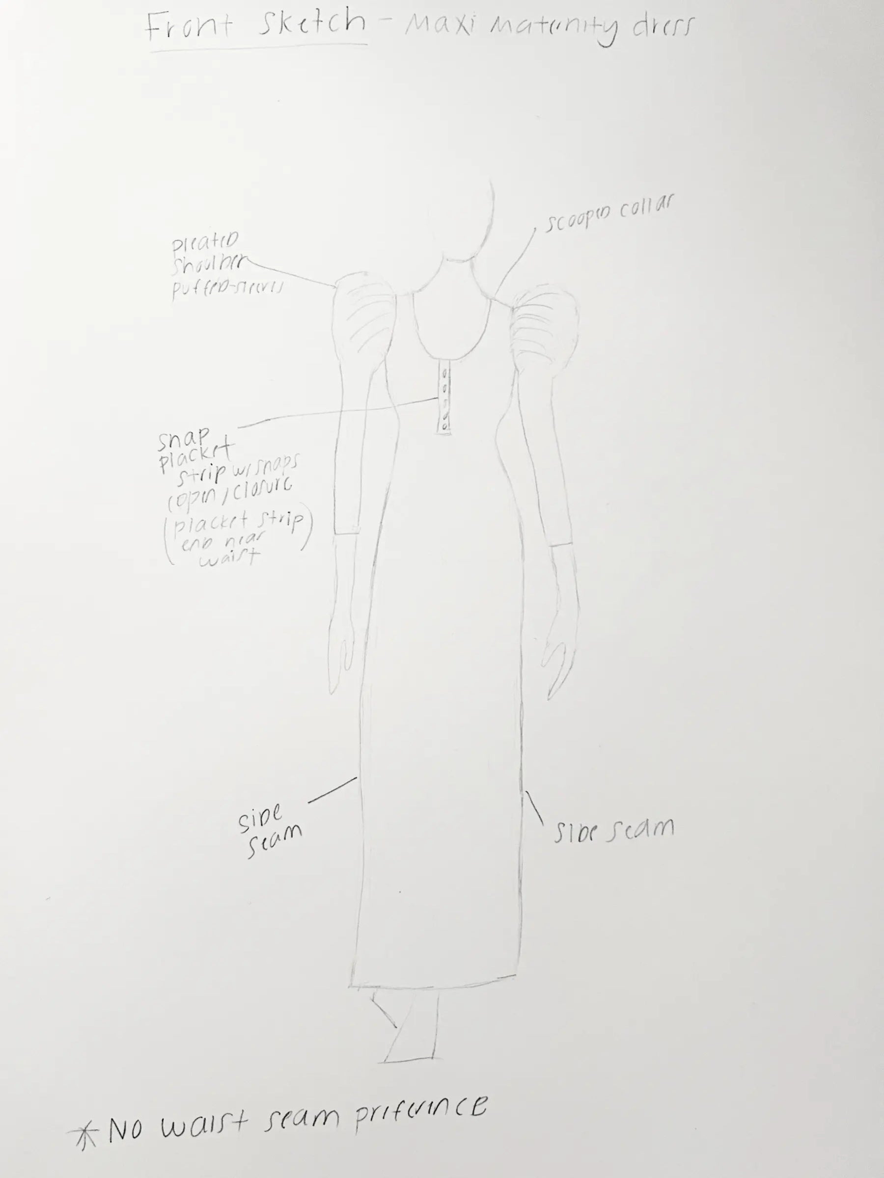 Hand-drawn sketch of a maternity dress with puffed shoulder detail  